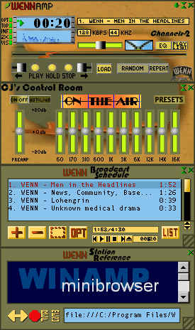 [ The first WENNAmp, skinned for main, equalizer, playlist and mini browser windows ]